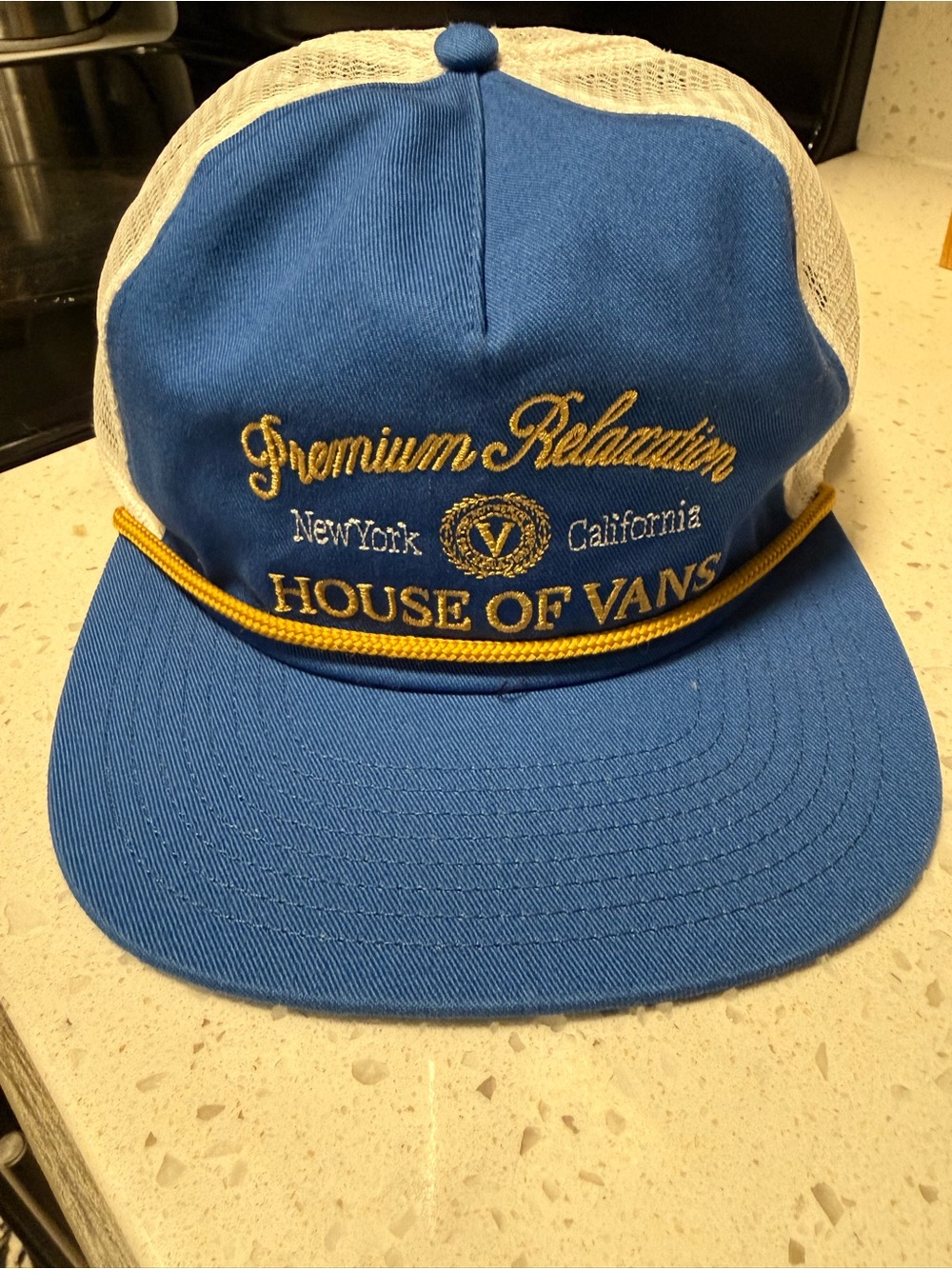 House of Vans Blue & White Rope-Trim Trucker Hat. Premium Relaxation